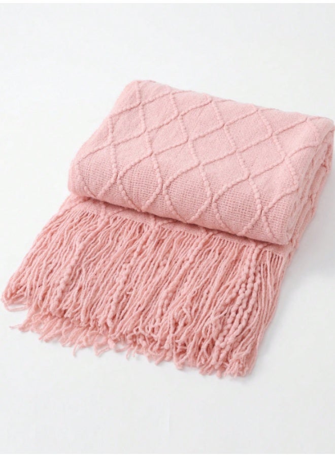 Cable Knit Throw Blanket – Soft Decorative Sofa & Bed Blanket with Tassels – Pink - Image 4