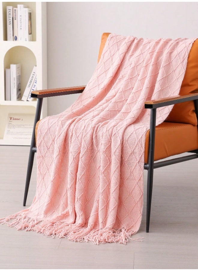 Cable Knit Throw Blanket – Soft Decorative Sofa & Bed Blanket with Tassels – Pink - Image 2