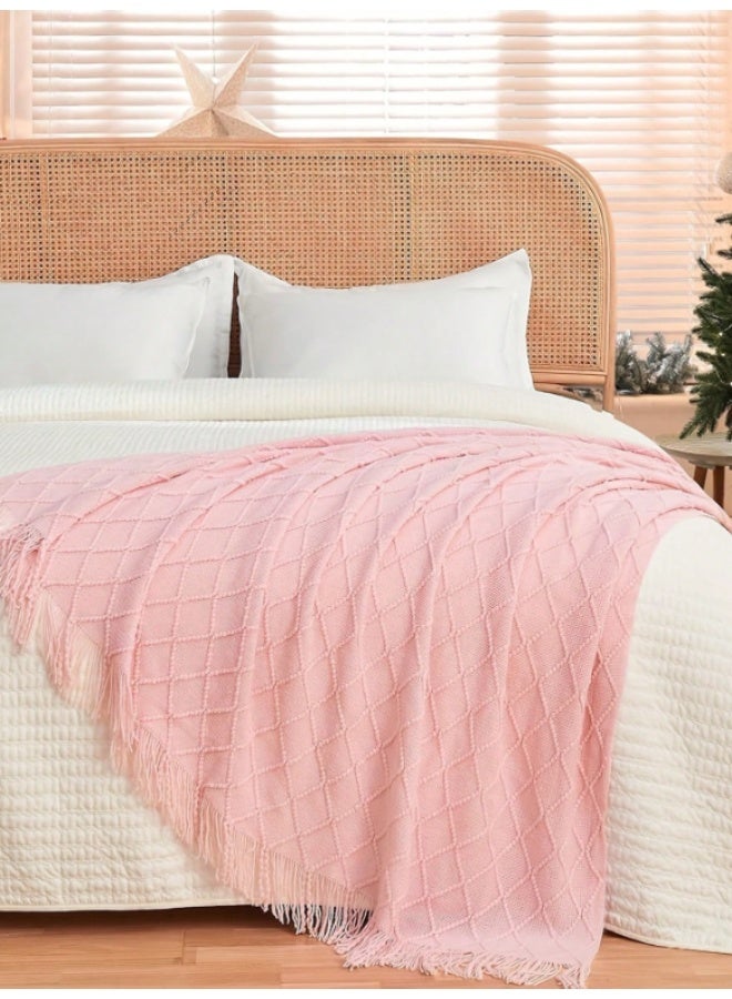 Cable Knit Throw Blanket – Soft Decorative Sofa & Bed Blanket with Tassels – Pink - Image 3