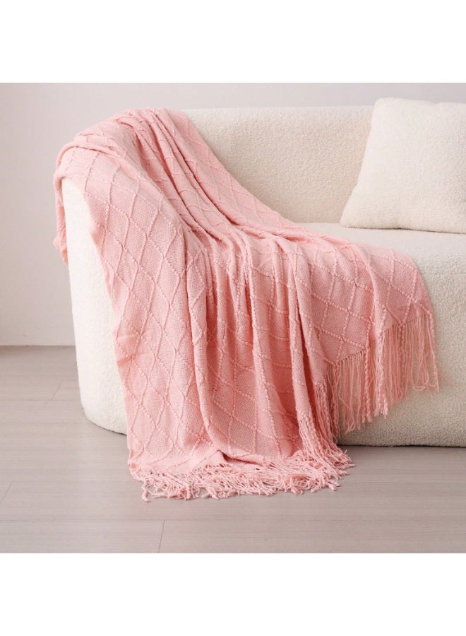 Cable Knit Throw Blanket – Soft Decorative Sofa & Bed Blanket with Tassels – Pink - Image 1
