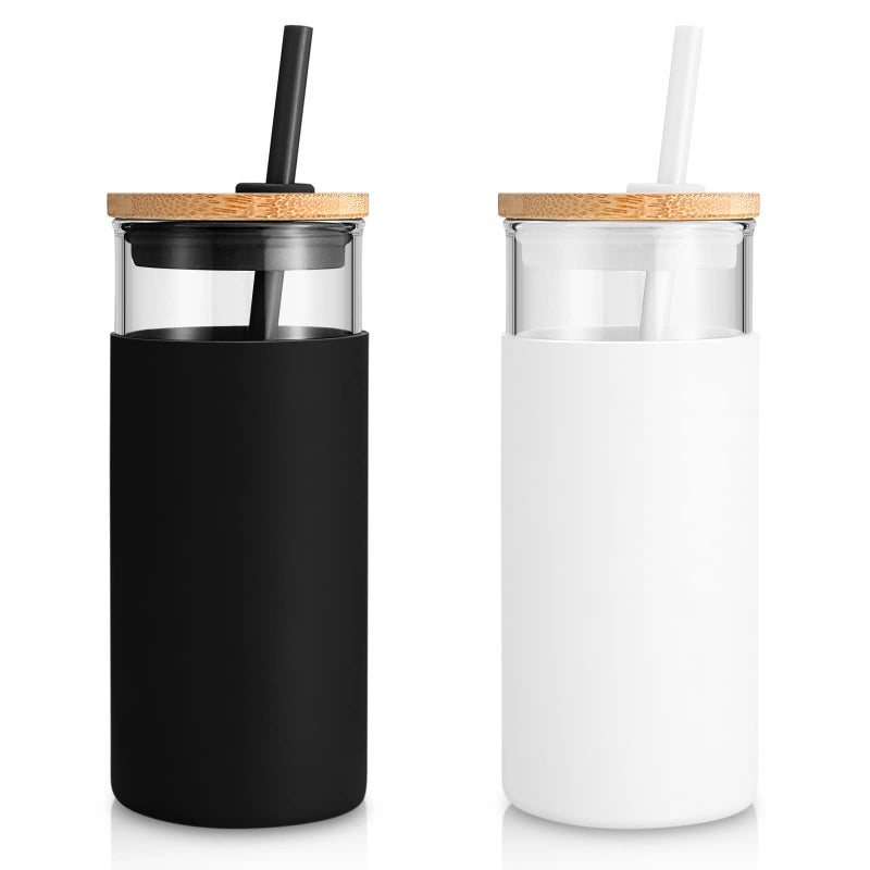 Tronco 20oz Glass Tumbler Glass Water Bottle Straw Silicone Protective Sleeve Bamboo Lid  BPA Free White Black