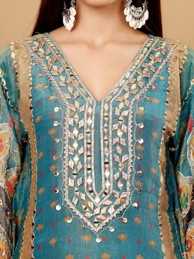PRASHA Women Teal Blue Pure Silk Gotta And Mirror Work Kaftan With Tulip Pants - Image 3