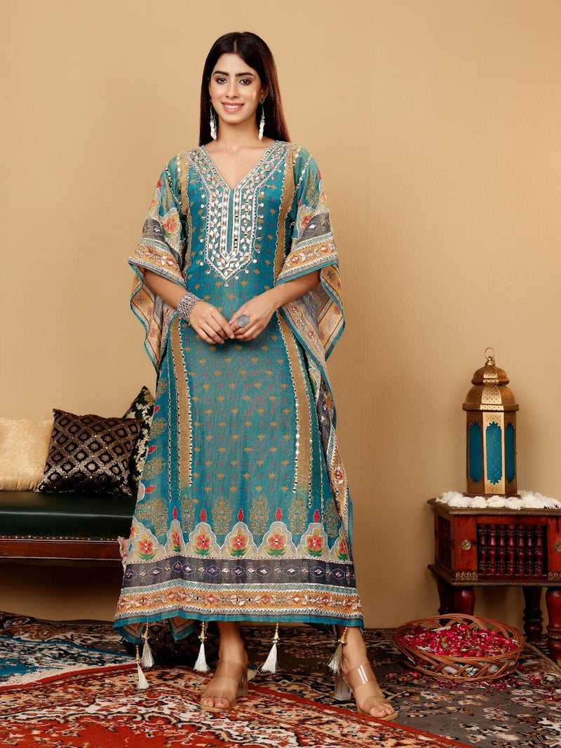 PRASHA Women Teal Blue Pure Silk Gotta And Mirror Work Kaftan With Tulip Pants - Image 1