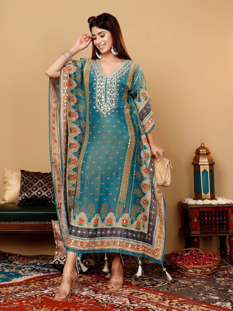 PRASHA Women Teal Blue Pure Silk Gotta And Mirror Work Kaftan With Tulip Pants - Image 2