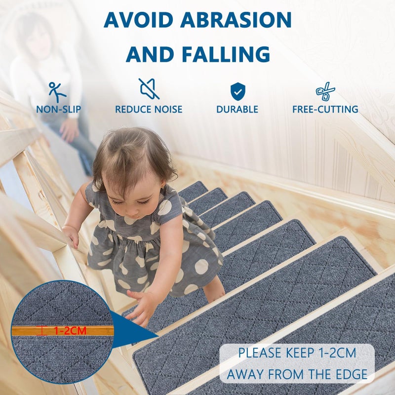KOOTETA Stair Treads for Wooden Steps Indoor, 15 Pack 8" X 30" Non Slip Carpet Stair Treads with Reusable Adhesive for Kids Elders and Dogs, Surface Polyester TPR Backing Stair Runner Rugs, Dark Grey - Image 4