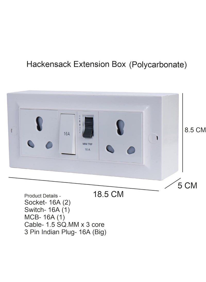 HACKENSACK Hackensack Extension Board Two 1616A Socket 16A 15A Master Switch and 16A MCB Polycarbonate Long 15 SQMM x 3 Core Heavy Duty 5 Meter Wire Cable with 15 Amp 3 Pin Plug White  - Image 3