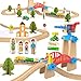 Orbrium Wooden Train Set 65 Pc Build and Play Magnetic Crane Tower Bridge Construction STEM Toy Train with Tracks for Kids Compatible with Thomas Brio Melissa and Doug Railway Playset for Toddlers Starter Set - Image 2