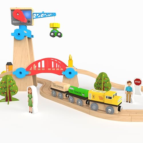 Orbrium Wooden Train Set 65 Pc Build and Play Magnetic Crane Tower Bridge Construction STEM Toy Train with Tracks for Kids Compatible with Thomas Brio Melissa and Doug Railway Playset for Toddlers Starter Set - Image 5
