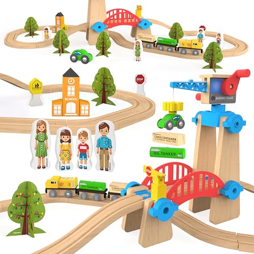 Orbrium Wooden Train Set 65 Pc Build and Play Magnetic Crane Tower Bridge Construction STEM Toy Train with Tracks for Kids Compatible with Thomas Brio Melissa and Doug Railway Playset for Toddlers Starter Set - Image 1