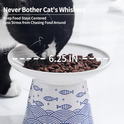 OMAYKEY Extra Wide Cat Bowls, 6.25 Inch Ceramic Raised Cat Bowl Set for Food & Water, Wide Shallow Pet Food Dish, Anti Vomiting, Stress Free, Whisker Fatigue, 2 Packs, Blue - Image 5