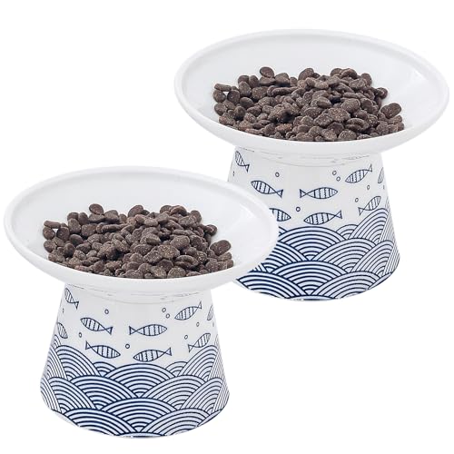 OMAYKEY Extra Wide Cat Bowls, 6.25 Inch Ceramic Raised Cat Bowl Set for Food & Water, Wide Shallow Pet Food Dish, Anti Vomiting, Stress Free, Whisker Fatigue, 2 Packs, Blue - Image 4