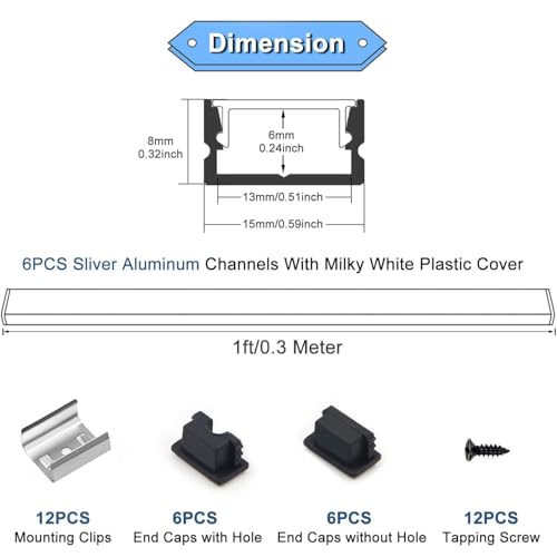 VST 6Pack 1ft/0.3m U-Shape LED Aluminum Channel System with Milky Cover, End Caps, Mounting Clips, Fits 3528/2825/5050/5630 LED Strips, Indoor/Outdoor Use, LED Type - Image 2