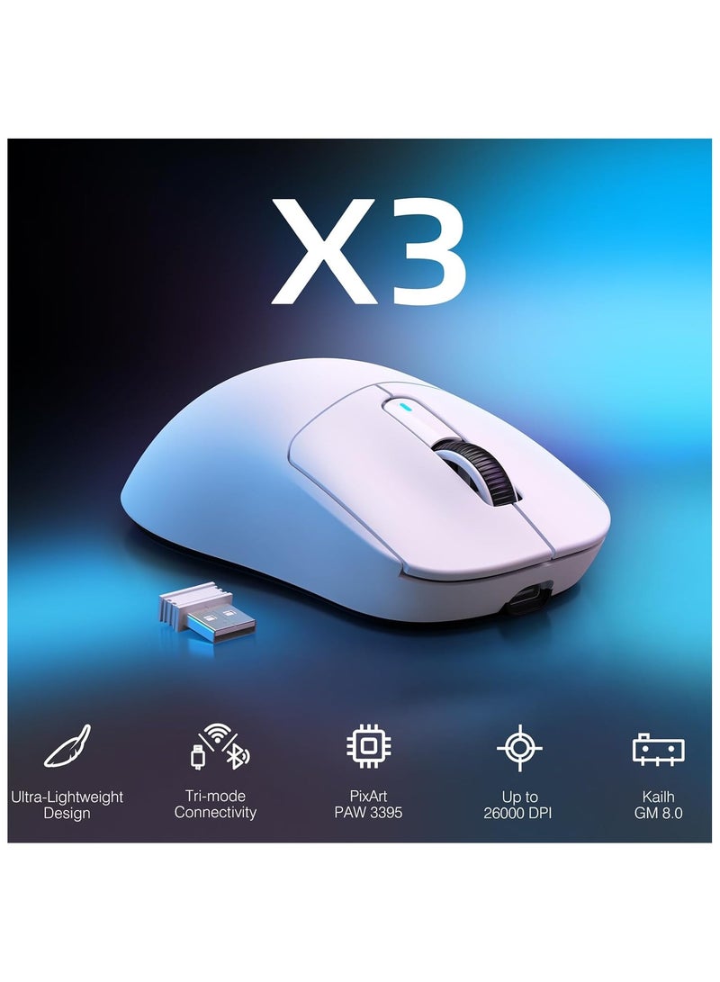 ATTACK SHARK X3 49g Ultralight Mouse, PixArt PAW3395 Gaming Sensor, BT/2.4G Wireless/Wired Gaming Mouse, 26000 DPI, 200 Hours Battery, Office Mice for Win11/Xbox/PS/Mac (White)