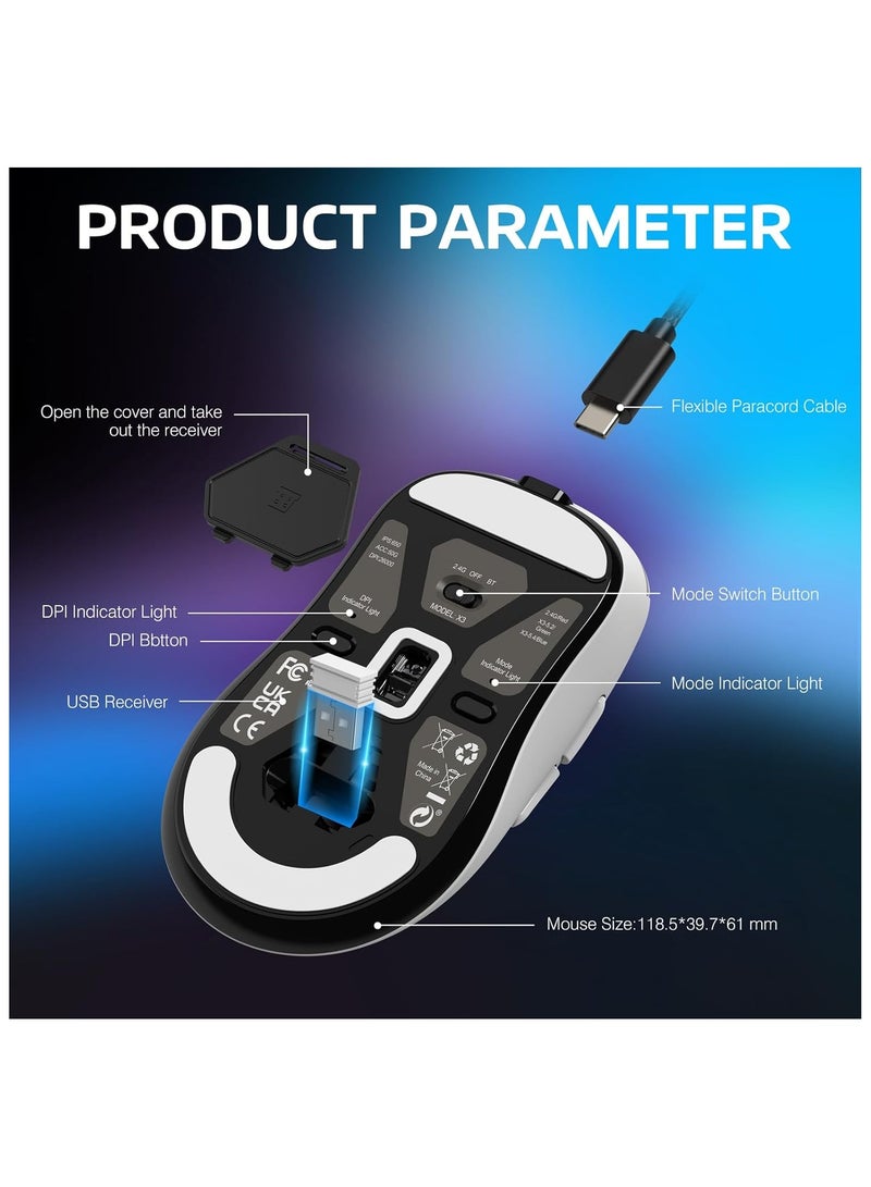 ATTACK SHARK X3 49g Ultralight Mouse, PixArt PAW3395 Gaming Sensor, BT/2.4G Wireless/Wired Gaming Mouse, 26000 DPI, 200 Hours Battery, Office Mice for Win11/Xbox/PS/Mac (White)