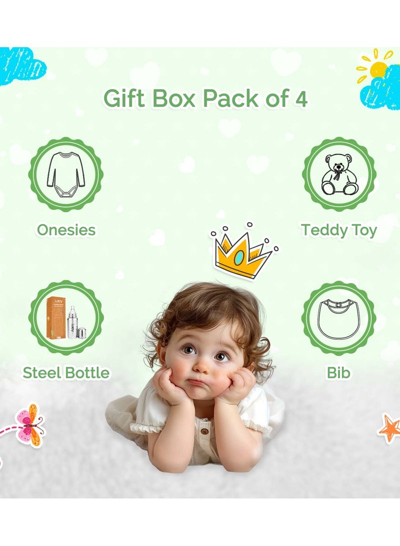 LUAY Premium Gift Box Set with The Baby Onesie, Baby Feeding Bottle, Baby Bib  and Teddy Bear Best Hamper for Babies (3-6 M) - Image 1