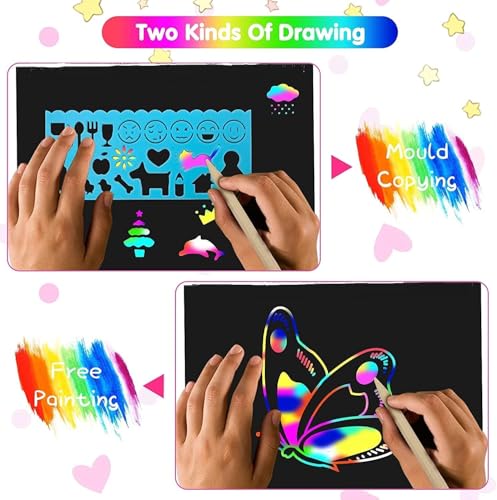Smasiagon Scratch Paper Art Set for Kids: 60 Pcs Magic Black Scratch Off Art Crafts Kits Colorful Drawing Toys for 3-12 Year Old Girls Boys Halloween Party Favor Game DIY Birthday Christmas Gift - Image 4
