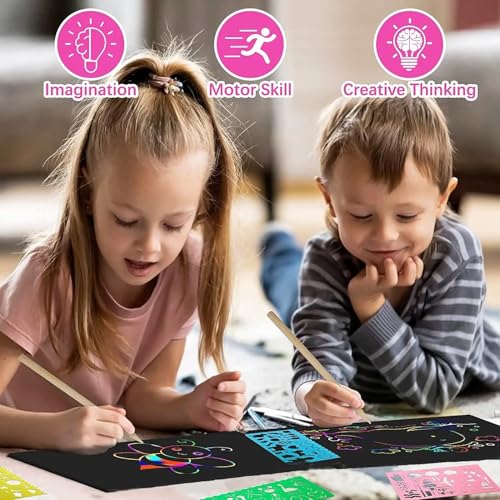Smasiagon Scratch Paper Art Set for Kids: 60 Pcs Magic Black Scratch Off Art Crafts Kits Colorful Drawing Toys for 3-12 Year Old Girls Boys Halloween Party Favor Game DIY Birthday Christmas Gift - Image 2