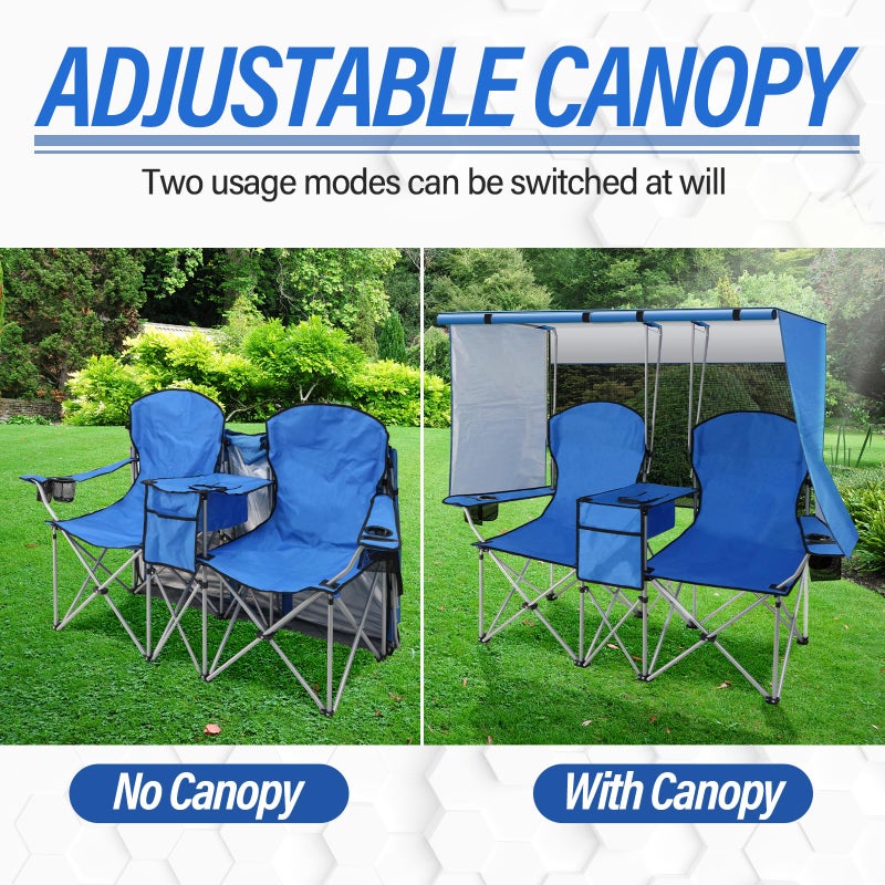 PLKO Portable Double Camping Chair with Canopy Shade,Heavy Duty Beach Chairs for Adults,Folding Beach Chair with Cooler Bag for Sports Backyard Fishing Outsideï¼ˆBlueï¼‰ - Image 2