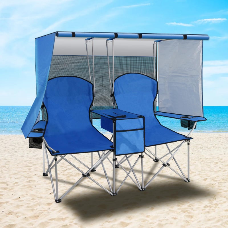 PLKO Portable Double Camping Chair with Canopy Shade,Heavy Duty Beach Chairs for Adults,Folding Beach Chair with Cooler Bag for Sports Backyard Fishing Outsideï¼ˆBlueï¼‰ - Image 1