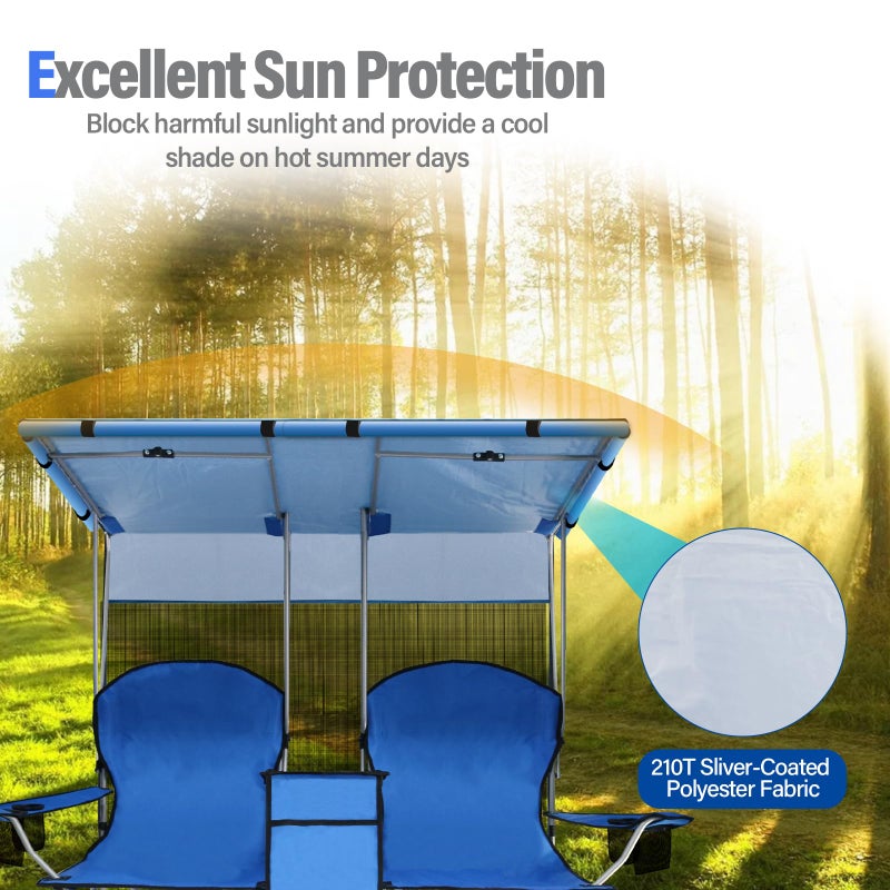 PLKO Portable Double Camping Chair with Canopy Shade,Heavy Duty Beach Chairs for Adults,Folding Beach Chair with Cooler Bag for Sports Backyard Fishing Outsideï¼ˆBlueï¼‰ - Image 3