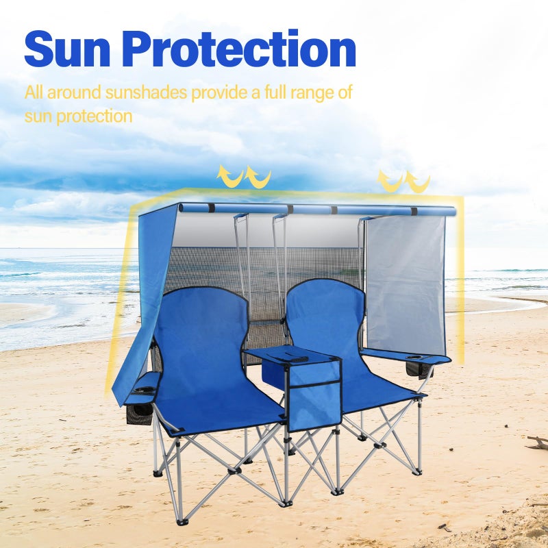 PLKO Portable Double Camping Chair with Canopy Shade,Heavy Duty Beach Chairs for Adults,Folding Beach Chair with Cooler Bag for Sports Backyard Fishing Outsideï¼ˆBlueï¼‰ - Image 4