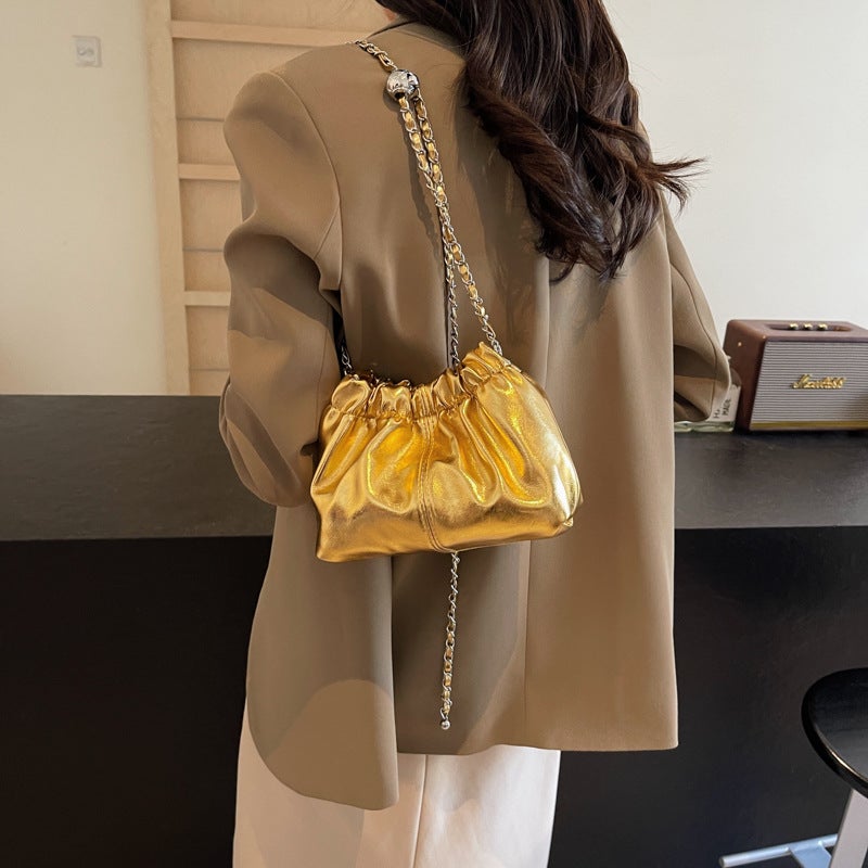 Pleated Bag Women'S Chain Draught Bucket Bag Niche Design Korean Patent Leather Shoulder Crossbody Bag