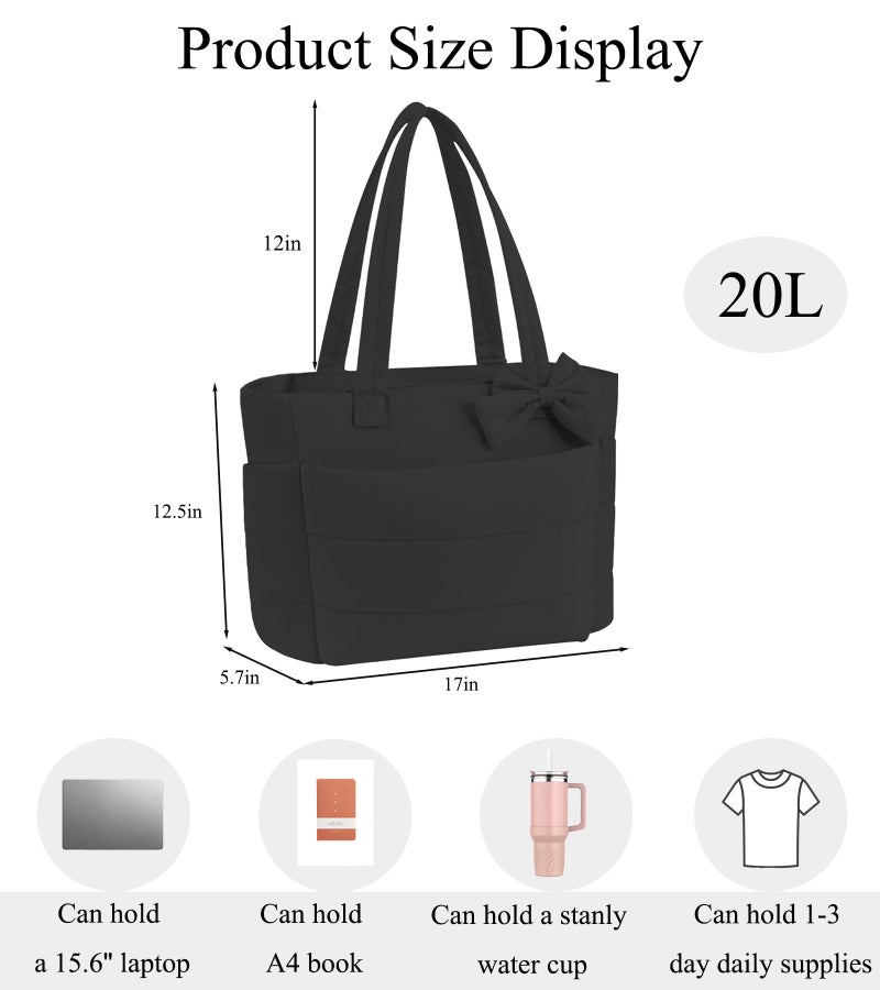 CTWWFS Puffer Tote Bag for Women, Quilted Bow Tote Bag with Cup Holder & 15.6 In Laptop Compartment, Lightweight Puffy Shoulder Bag with Zipper for Work, Travel, Gym, College(Black) - Image 3