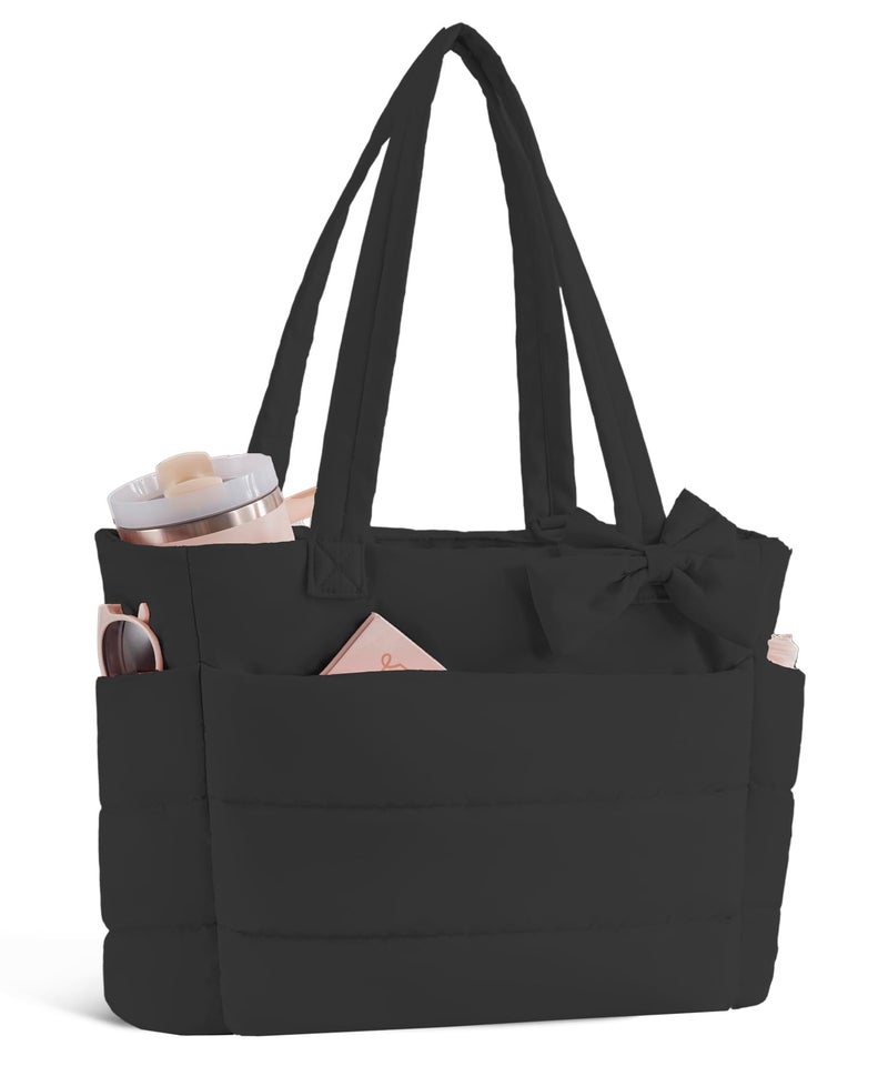 CTWWFS Puffer Tote Bag for Women, Quilted Bow Tote Bag with Cup Holder & 15.6 In Laptop Compartment, Lightweight Puffy Shoulder Bag with Zipper for Work, Travel, Gym, College(Black) - Image 1