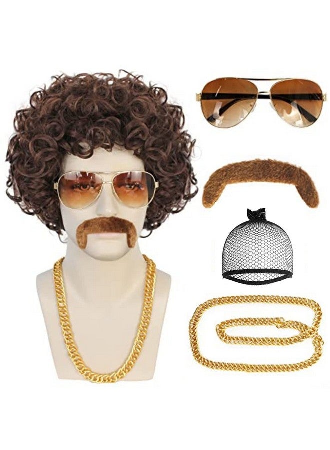 ANOGOL ANOGOL+Wig Cap+Mustache+Necklace+Glasses 5Pcs Afro Wig for Men Short Brown Curly Wig Disco Wigs 70'S Wig for Men 80'S Costumes for Men Disco Wig Jerry Curly Afro Wig Rocker Costume Wig Halloween Party  - Image 1