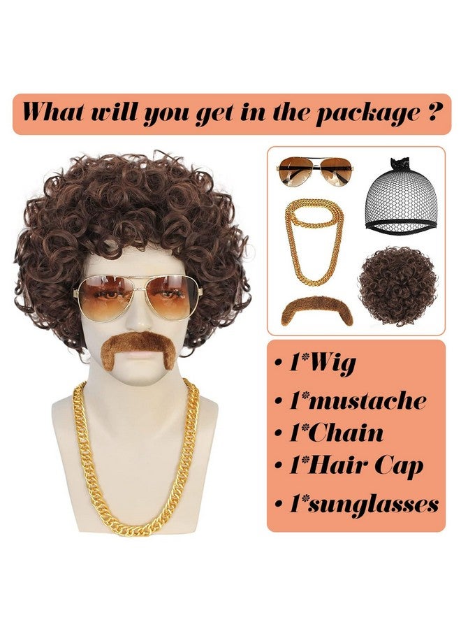 ANOGOL ANOGOL+Wig Cap+Mustache+Necklace+Glasses 5Pcs Afro Wig for Men Short Brown Curly Wig Disco Wigs 70'S Wig for Men 80'S Costumes for Men Disco Wig Jerry Curly Afro Wig Rocker Costume Wig Halloween Party  - Image 2