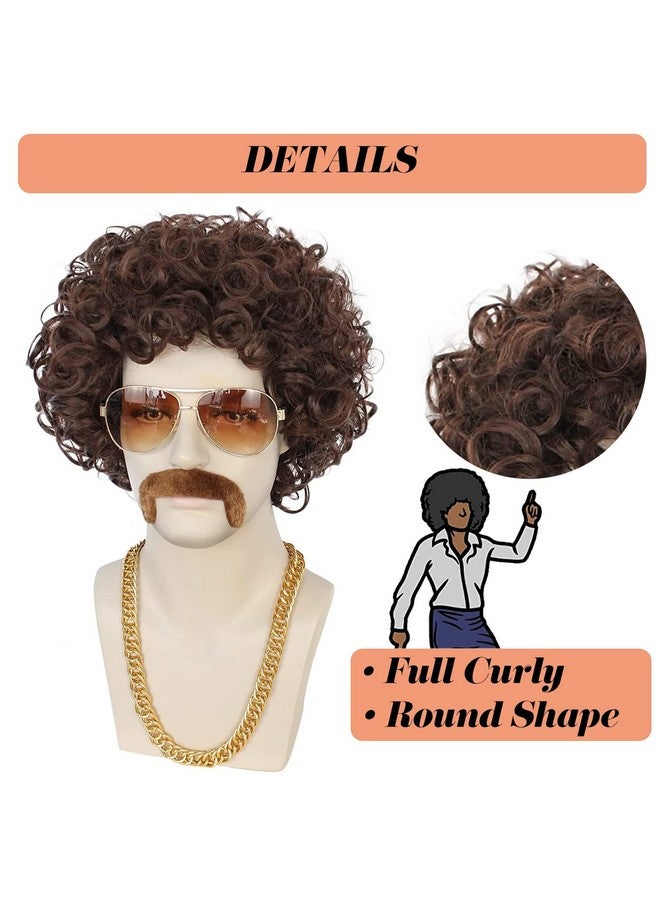 ANOGOL ANOGOL+Wig Cap+Mustache+Necklace+Glasses 5Pcs Afro Wig for Men Short Brown Curly Wig Disco Wigs 70'S Wig for Men 80'S Costumes for Men Disco Wig Jerry Curly Afro Wig Rocker Costume Wig Halloween Party  - Image 3