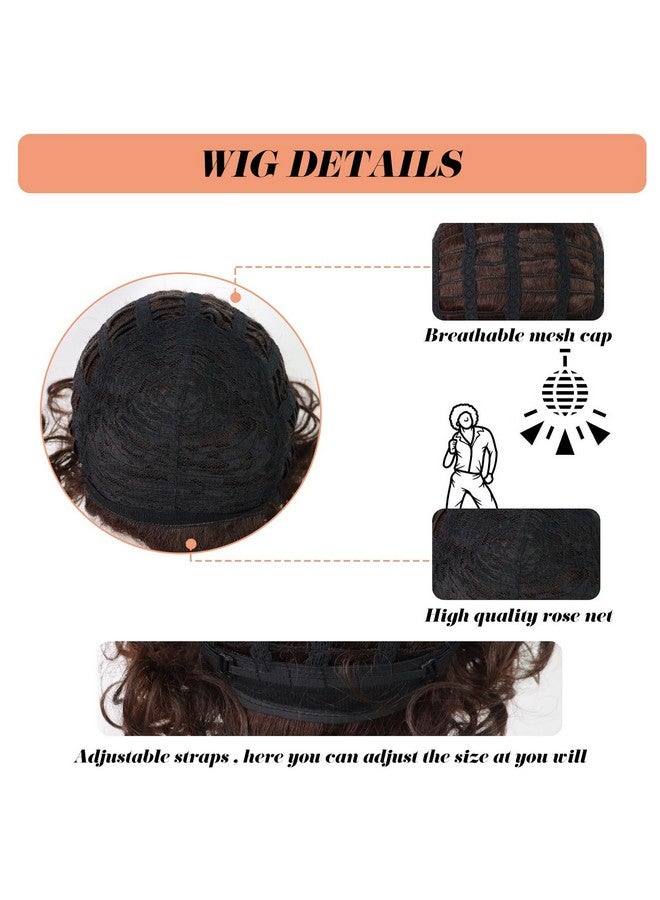 ANOGOL ANOGOL+Wig Cap+Mustache+Necklace+Glasses 5Pcs Afro Wig for Men Short Brown Curly Wig Disco Wigs 70'S Wig for Men 80'S Costumes for Men Disco Wig Jerry Curly Afro Wig Rocker Costume Wig Halloween Party  - Image 4