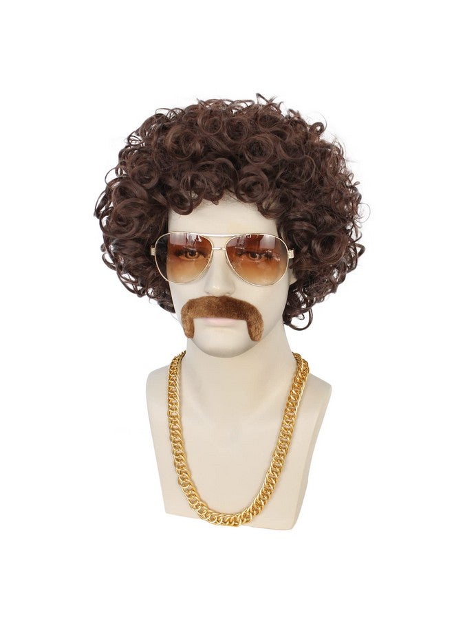 ANOGOL ANOGOL+Wig Cap+Mustache+Necklace+Glasses 5Pcs Afro Wig for Men Short Brown Curly Wig Disco Wigs 70'S Wig for Men 80'S Costumes for Men Disco Wig Jerry Curly Afro Wig Rocker Costume Wig Halloween Party  - Image 5