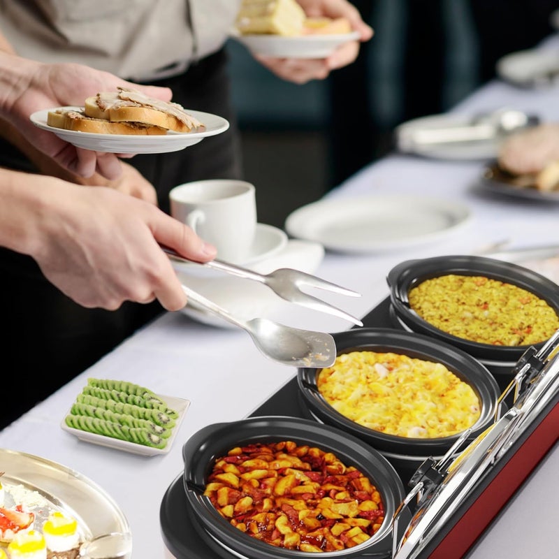 Sunvivi سيرفر طهي ببطء ثلاثي من صن فيفي مع 3 أواني سيراميك قابلة للإزالة 3 إعدادات حرارة قابلة للتعديل 3 قواعد أغطية معدنية من الفولاذ المقاوم للصدأ 3 15 كوارت أحمر - Image 2