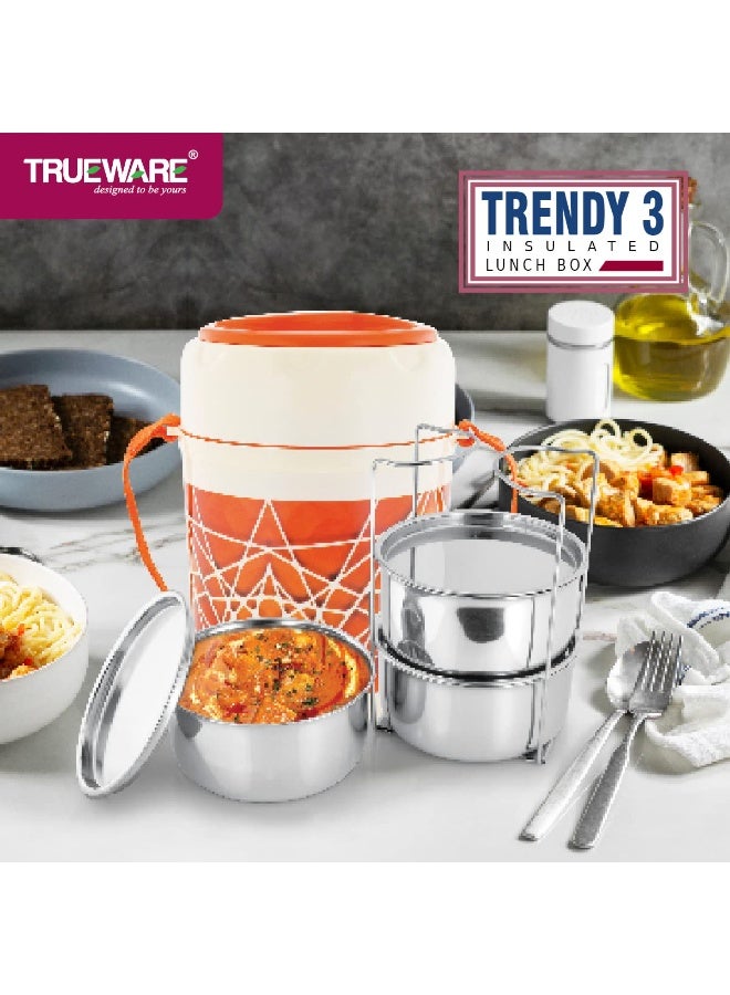 Trueware Trendy 3 Lunch Box with 3 Stainless Steel Container,300ml X3 Orange | PU Insulated | Lunch Box | Tiffin | Hot Lunch Box | Leak Proof - Image 3