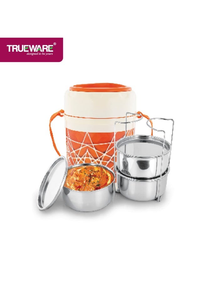 Trueware Trendy 3 Lunch Box with 3 Stainless Steel Container,300ml X3 Orange | PU Insulated | Lunch Box | Tiffin | Hot Lunch Box | Leak Proof - Image 1