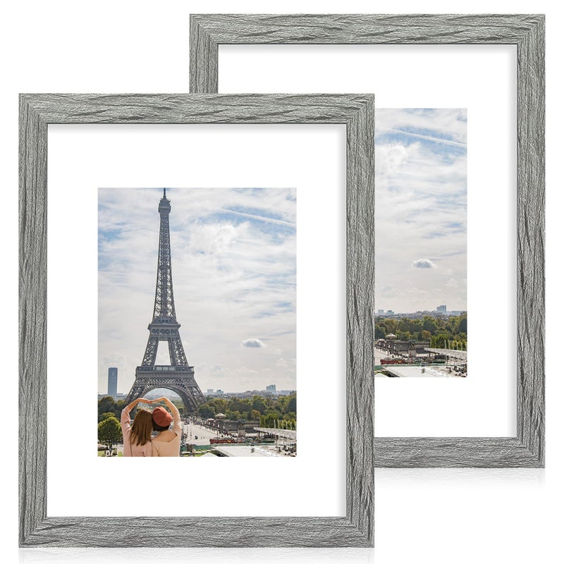 Hongkee 11x14 Picture Frame Set of 2 Made of Glass and Rustic Grey Wooden Frame Display 8x10 Pictures with Mat or 11 x 14 Posters without Mat for Wall Mounting Gallery Photo Frames
