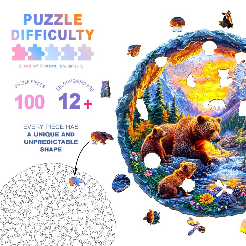 DOCRAGI Wooden Puzzles for Adults - Bear Family Wooden Jigsaw Puzzle - Unique Animal Shaped Wood Puzzles Adult - Christmas Birthday Gifts for Adults/Friends/Family - 100pcs 8.5 * 8.4in - Image 3