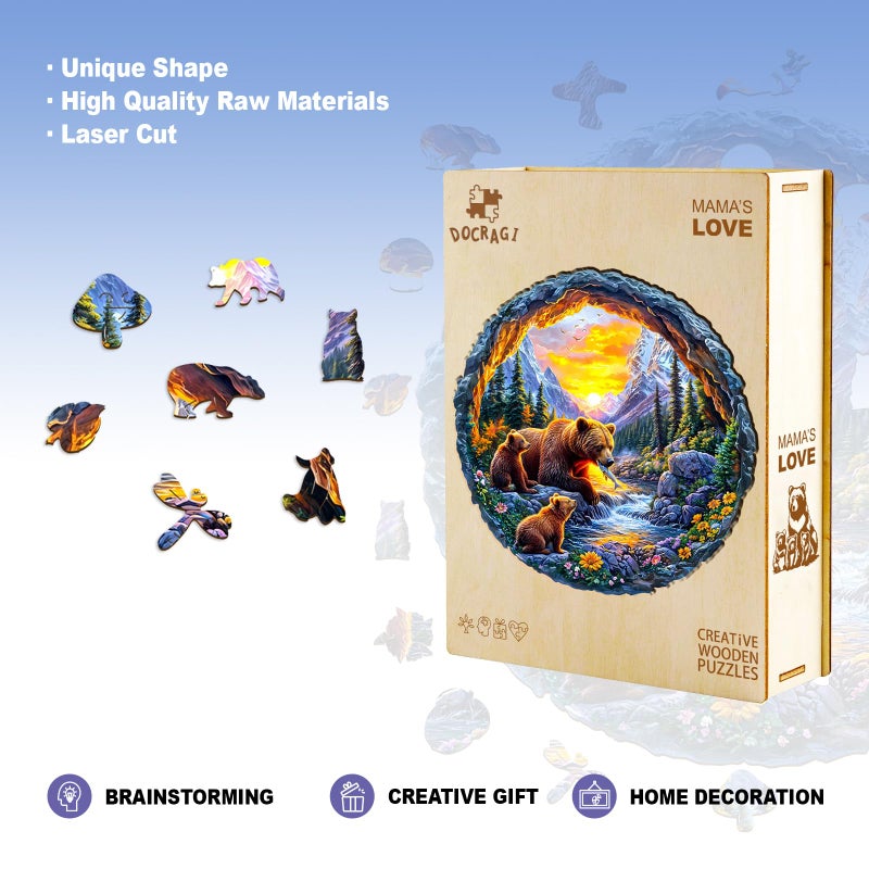 DOCRAGI Wooden Puzzles for Adults - Bear Family Wooden Jigsaw Puzzle - Unique Animal Shaped Wood Puzzles Adult - Christmas Birthday Gifts for Adults/Friends/Family - 100pcs 8.5 * 8.4in - Image 4