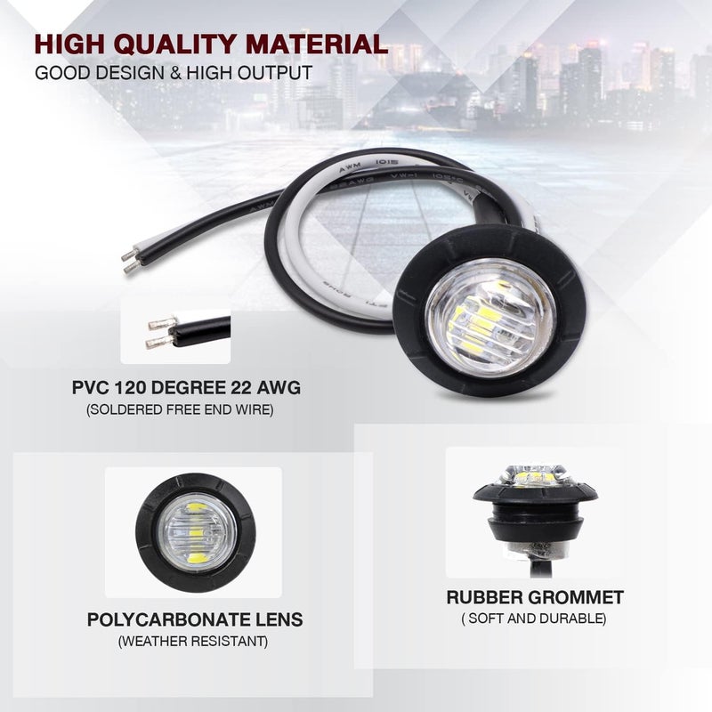TMH 50 Pcs 3/4 Inch White Light 3 LED Clearance Markers Side Marker Indicator Lights Mini Round Front Rear 3 LED with Rubber for Truck Trailer Car Bus 12V DC - Image 3