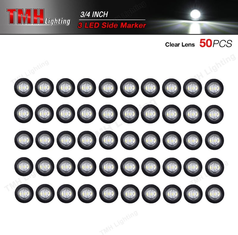 TMH 50 Pcs 3/4 Inch White Light 3 LED Clearance Markers Side Marker Indicator Lights Mini Round Front Rear 3 LED with Rubber for Truck Trailer Car Bus 12V DC - Image 2