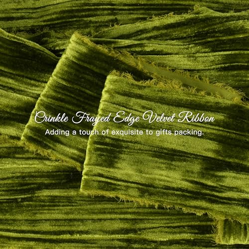 DINDOSAL Moss Green Velvet Ribbon 3 Inch x 3 Yards Frayed Raw Edge Crushed Velvet Wide Ribbon for Christmas Tree Bows Wreaths Garland Wedding Bouquets Gift Wrapping - Image 3