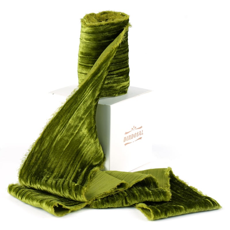 DINDOSAL Moss Green Velvet Ribbon 3 Inch x 3 Yards Frayed Raw Edge Crushed Velvet Wide Ribbon for Christmas Tree Bows Wreaths Garland Wedding Bouquets Gift Wrapping - Image 2