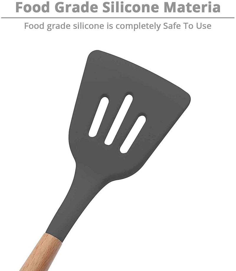 P-Plus International Silicone Slotted Spatula, High Heat Resistant to 480°F, BPA Free, Food Grade Slotted Turner, Wooden Handle Nonstick Flipper for Fish, Eggs (Grey, Pack of 2) - Image 5