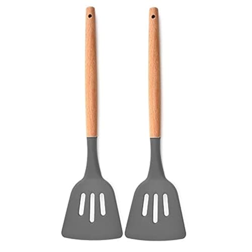 P-Plus International Silicone Slotted Spatula, High Heat Resistant to 480°F, BPA Free, Food Grade Slotted Turner, Wooden Handle Nonstick Flipper for Fish, Eggs (Grey, Pack of 2) - Image 1