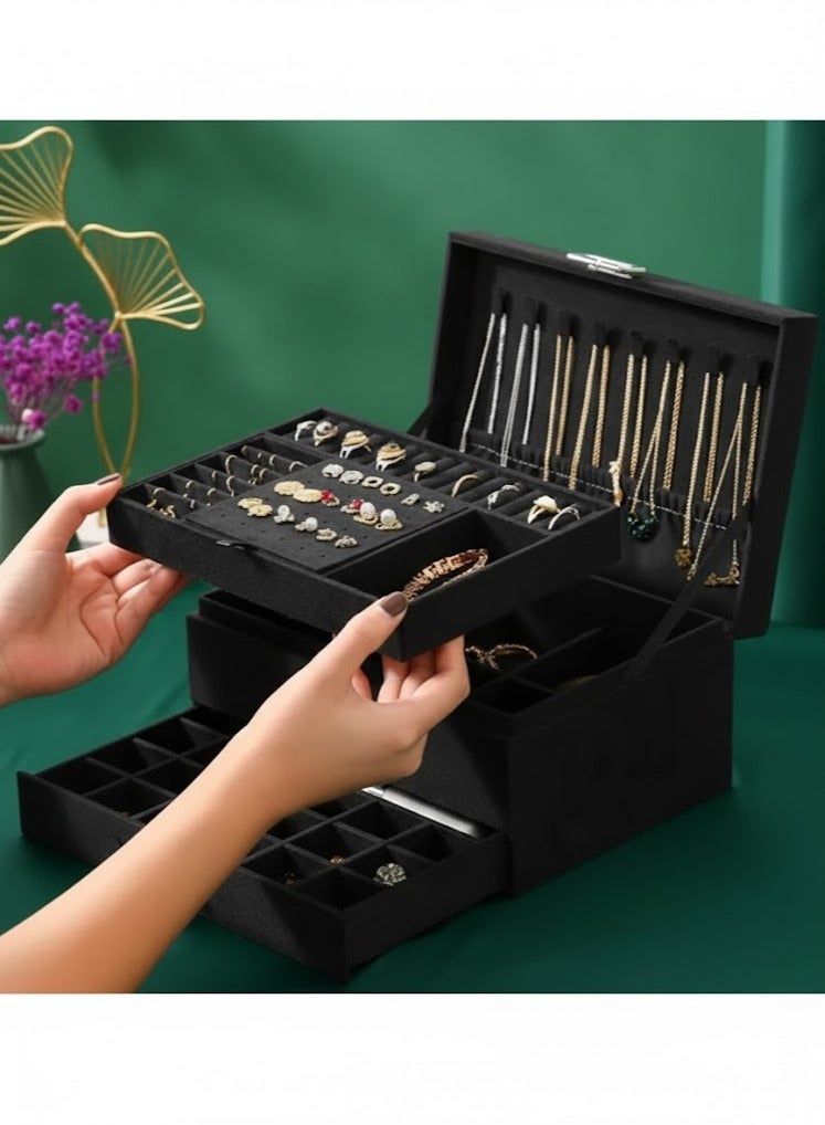 صندوق مجوهرات كبير منظم بثلاث طبقات من المخمل، منظم مجوهرات فانيل مع قفل، حامل عرض مجوهرات للأقراط والقلائد ومستحضرات التجميل والساعات (أسود)، المقاس 17 × 25 سم - Image 2