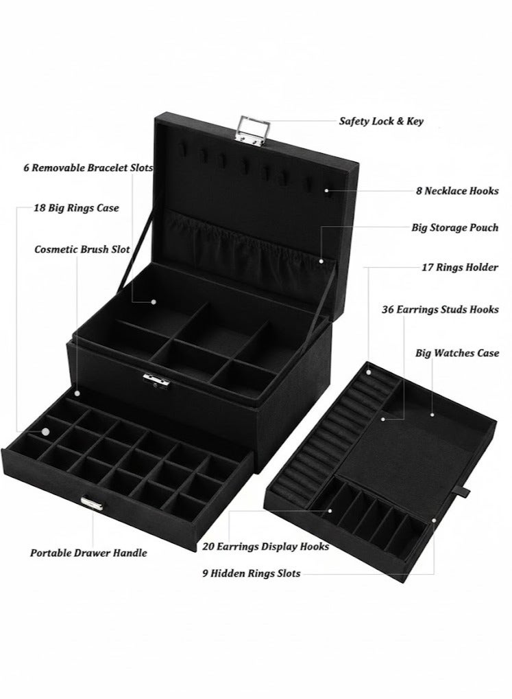 صندوق مجوهرات كبير منظم بثلاث طبقات من المخمل، منظم مجوهرات فانيل مع قفل، حامل عرض مجوهرات للأقراط والقلائد ومستحضرات التجميل والساعات (أسود)، المقاس 17 × 25 سم - Image 3