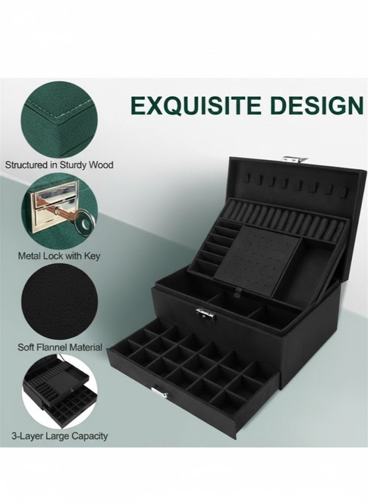 صندوق مجوهرات كبير منظم بثلاث طبقات من المخمل، منظم مجوهرات فانيل مع قفل، حامل عرض مجوهرات للأقراط والقلائد ومستحضرات التجميل والساعات (أسود)، المقاس 17 × 25 سم - Image 4