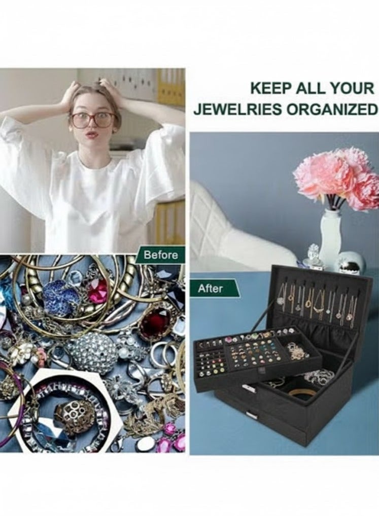 صندوق مجوهرات كبير منظم بثلاث طبقات من المخمل، منظم مجوهرات فانيل مع قفل، حامل عرض مجوهرات للأقراط والقلائد ومستحضرات التجميل والساعات (أسود)، المقاس 17 × 25 سم - Image 5