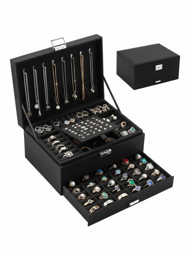 صندوق مجوهرات كبير منظم بثلاث طبقات من المخمل، منظم مجوهرات فانيل مع قفل، حامل عرض مجوهرات للأقراط والقلائد ومستحضرات التجميل والساعات (أسود)، المقاس 17 × 25 سم - Image 1